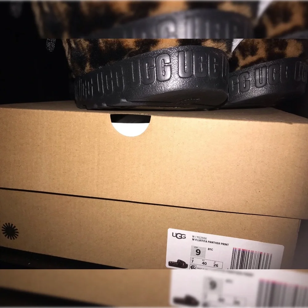New Authentic UGG Fluffita Panther Print Women’s Sandal Black/Brown Size 9 - Picture 5 of 6